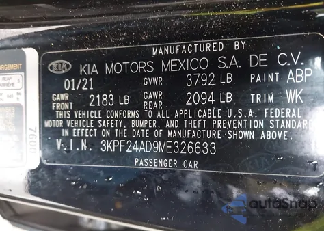 2021 Kia Forte Fe from USA, damaged, VIN 3KPF24AD9ME326633